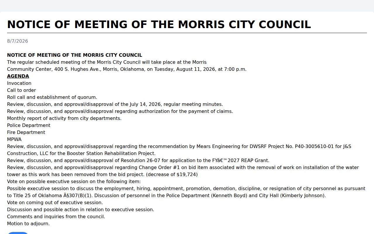 Morris warrant records city meeting and municipal contact reference